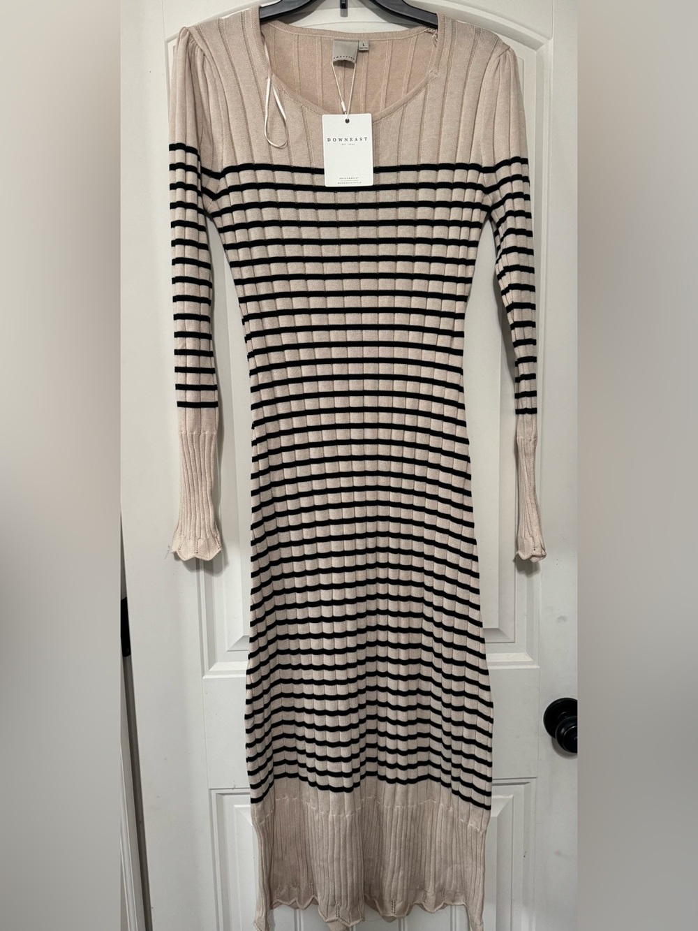 DownEast Striped Long-Sleeve Knit Dress in Cream and Black